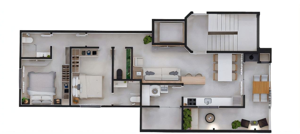 Planta baixa do apartamento tipo 1, com garden, Horiizon Residence